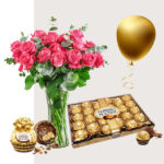 Pink Roses Vase With Chocolate Combo