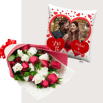 Red-and-White--Rose-Bouquet-and-Customized-Pillow